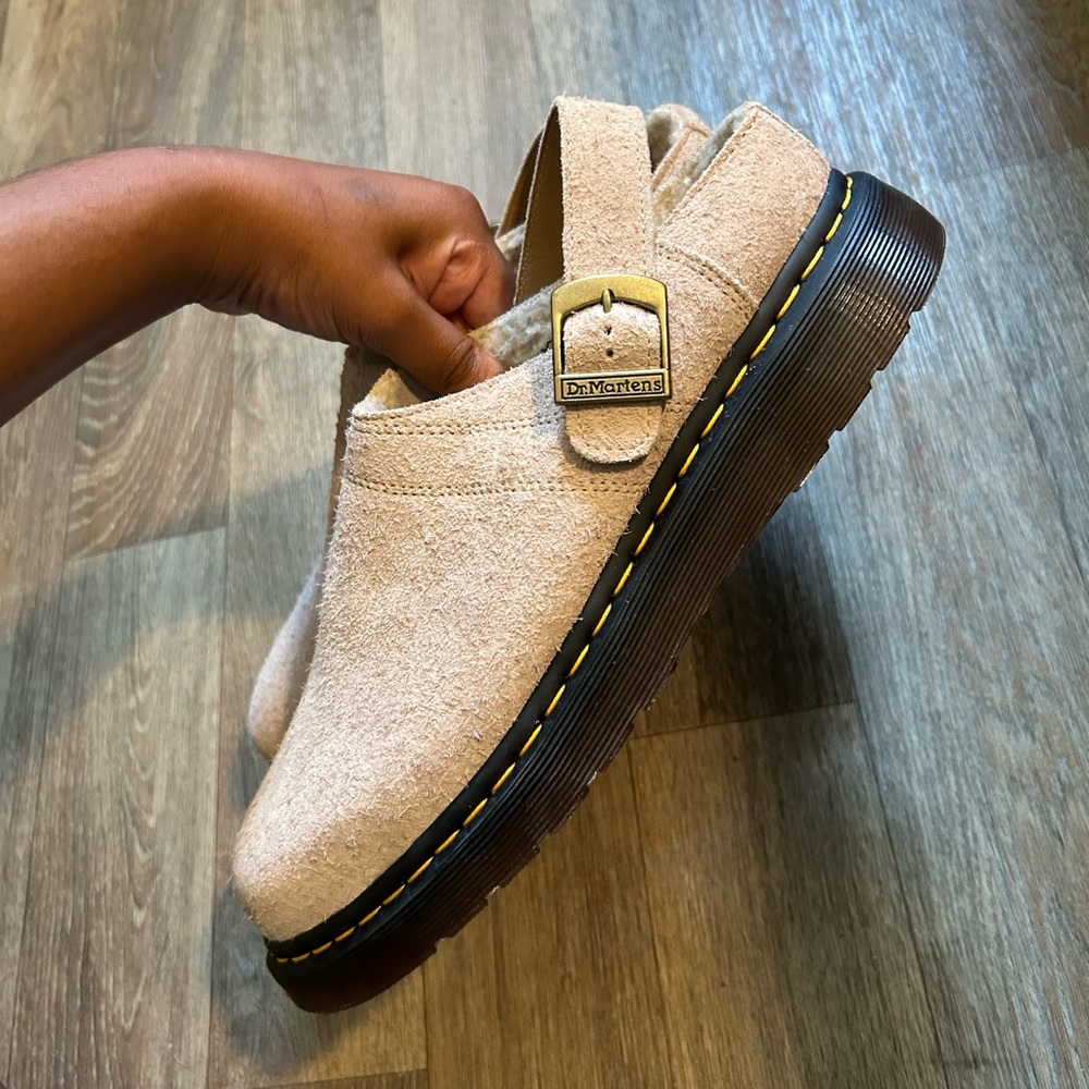 Dr Martens Isham Clogs Vintage Taupe Long Napped Suede Buckle Fur Lined